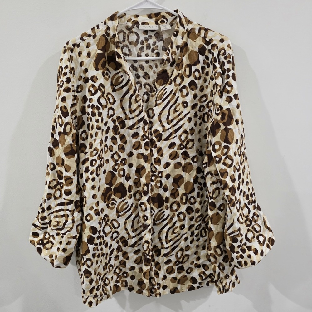 Tweeds Womens Linen Button Up Top 1X Cheetah Animal Print Beach Euro‎ Coastal
